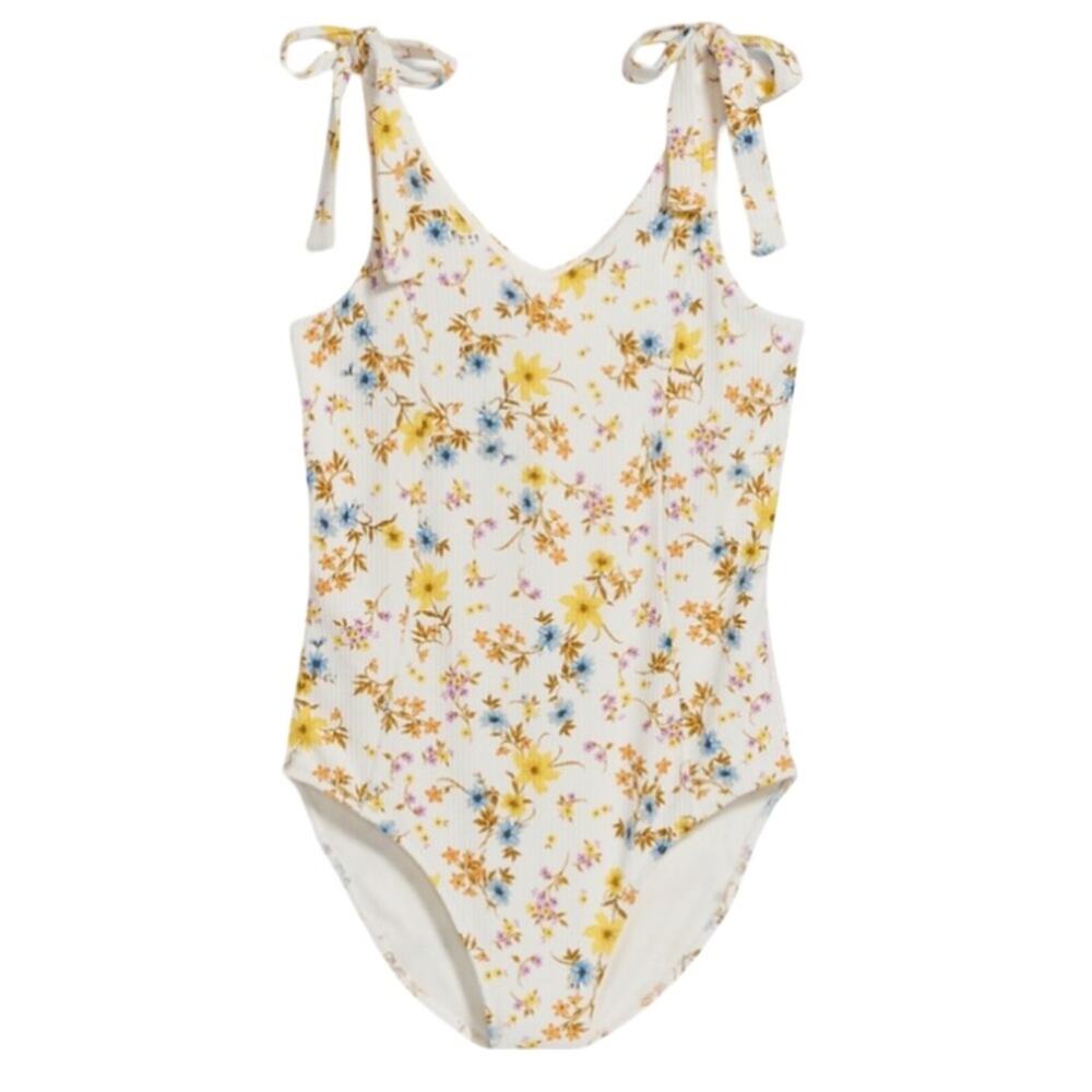 Old Navy Printed Tie-Shoulder V-Neck Rib-Knit Bodysuit - White Floral Size M